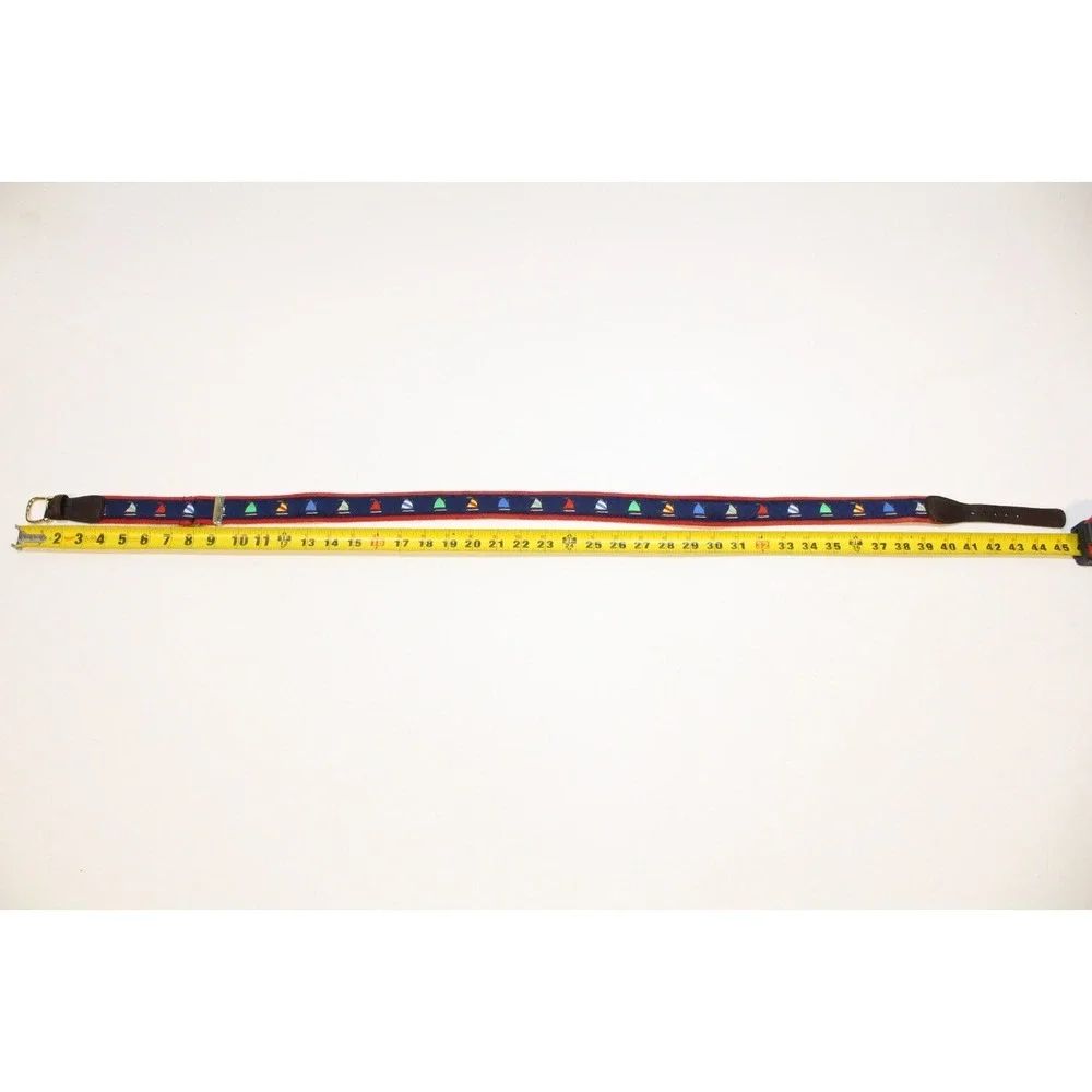 Vtg Alynn Mens Canvas Leather Belt Sail Boats Adjustable Navy‎ Blue Size 29-42W